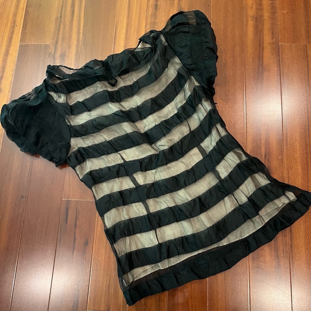 Tracy Reese Black Blouse Top Short Sleeve Striped Pattern Sheer Lined Size 8